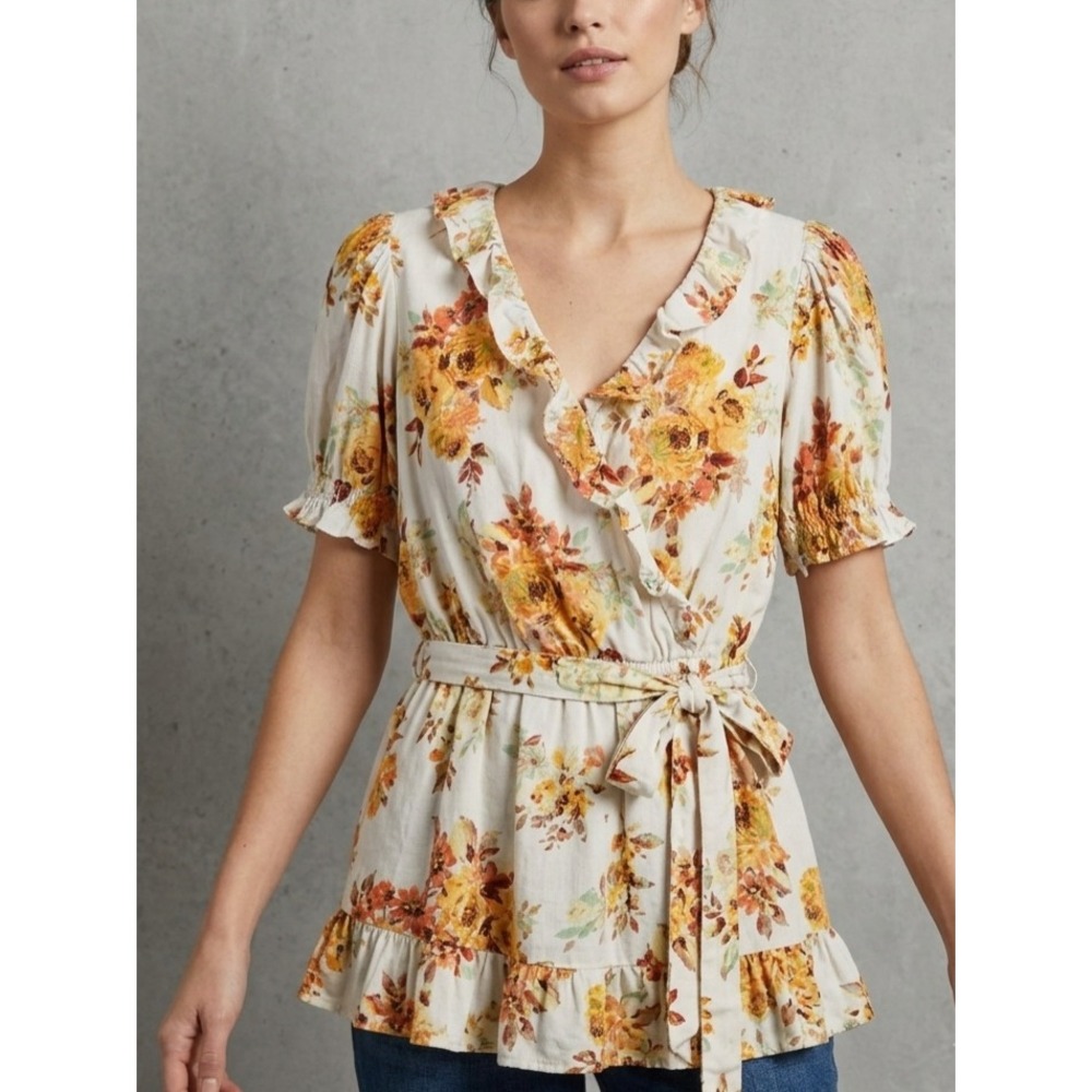LC Lauren Conrad Floral Cottagecore Ruffle Wrap Peplum Top XS